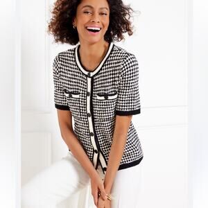 Talbots Short Sleeve Jacquard Cardigan 2X Black Cream